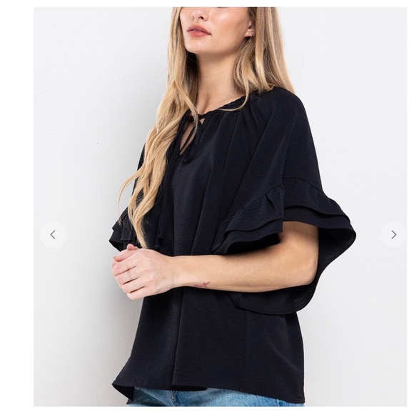 11 Boho Solid Key Hole Tie Flared Top - Picture 3 of 5